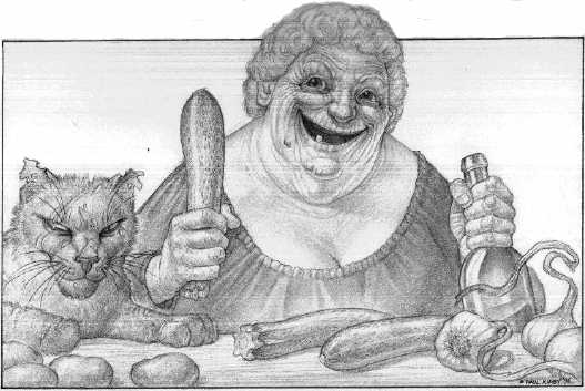 Nanny Ogg with a courgette.